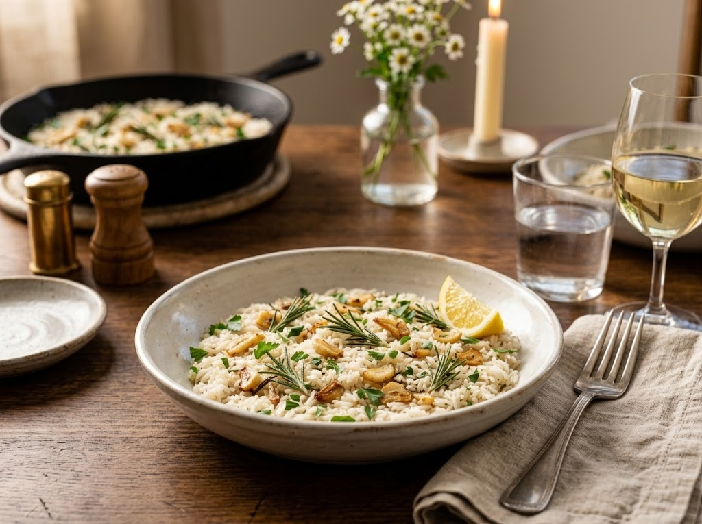 Bowl of garlic rosemary rice with chopped parsley and lemon wedge on a linen tablecloth beside a glass of white wine