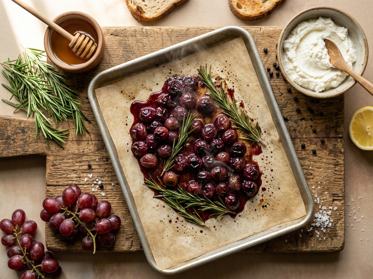 Red grapes blistering and caramelizing on parchment with rosemary sprigs during roasting, juices pooling around the fruit