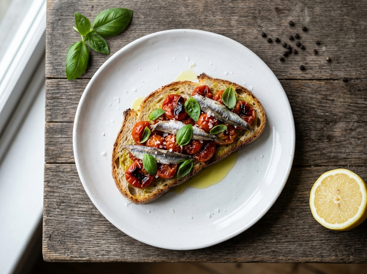 Roasted tomato anchovy toast on white ceramic plate with basil leaves, flaky salt, and olive oil on a wooden table