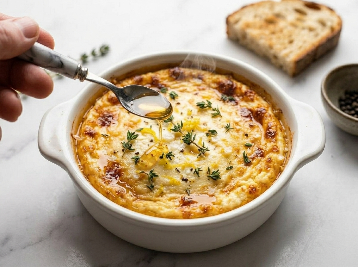Honey being drizzled over freshly baked golden ricotta with thyme sprigs in a cast-iron baking dish