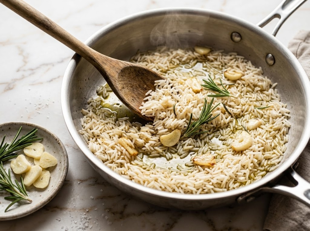 Long-grain white rice being toasted and stirred in olive oil in a stainless skillet with rosemary and garlic nearby