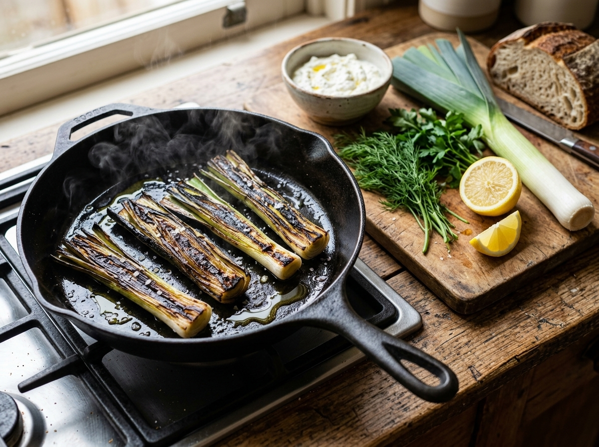 Halved leeks charring cut-side down in a cast iron skillet with deep blackened sear marks and steam