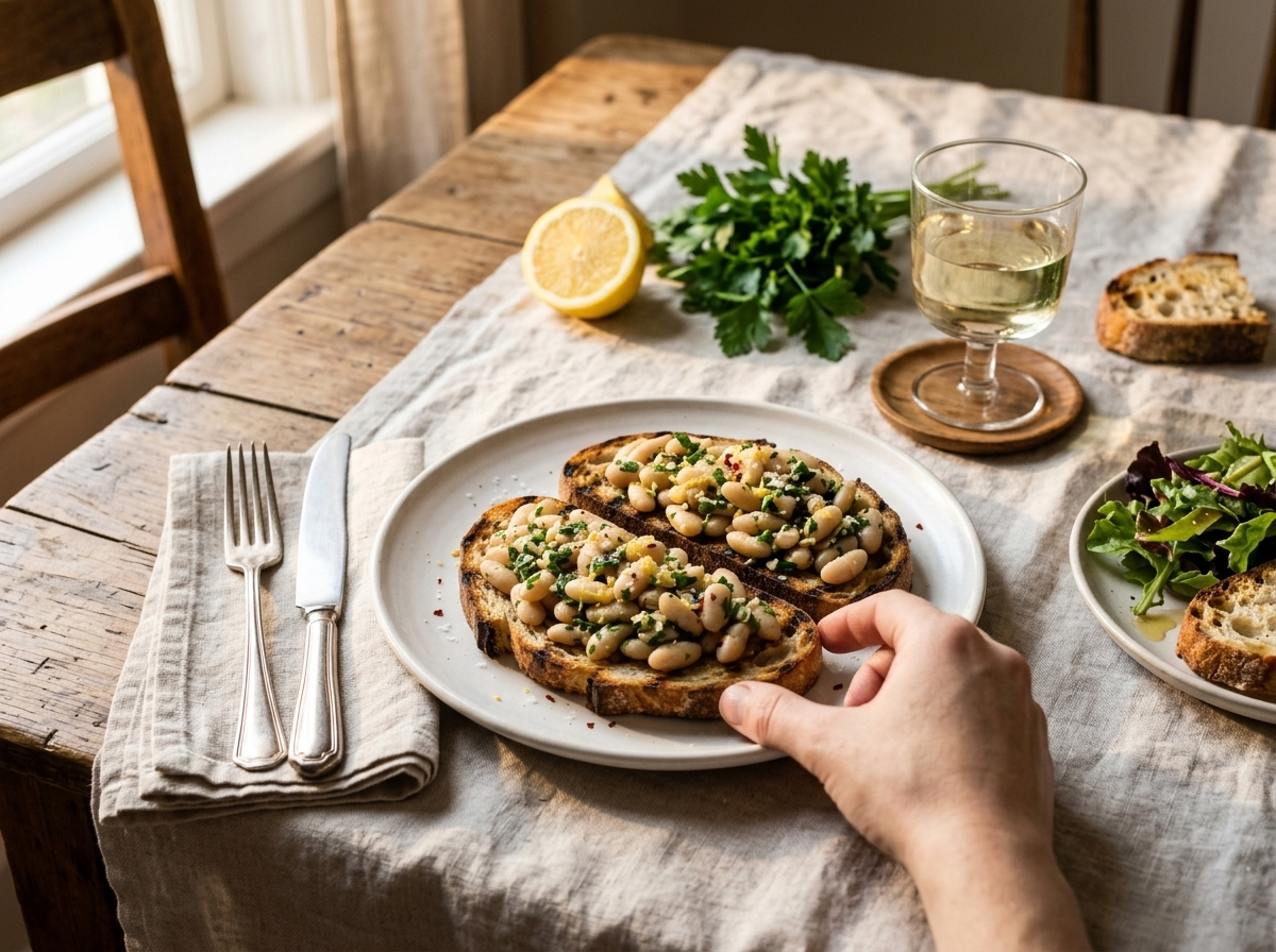 Herb marinated white bean toast on a linen tablecloth with a glass of white wine and fresh parsley in natural light