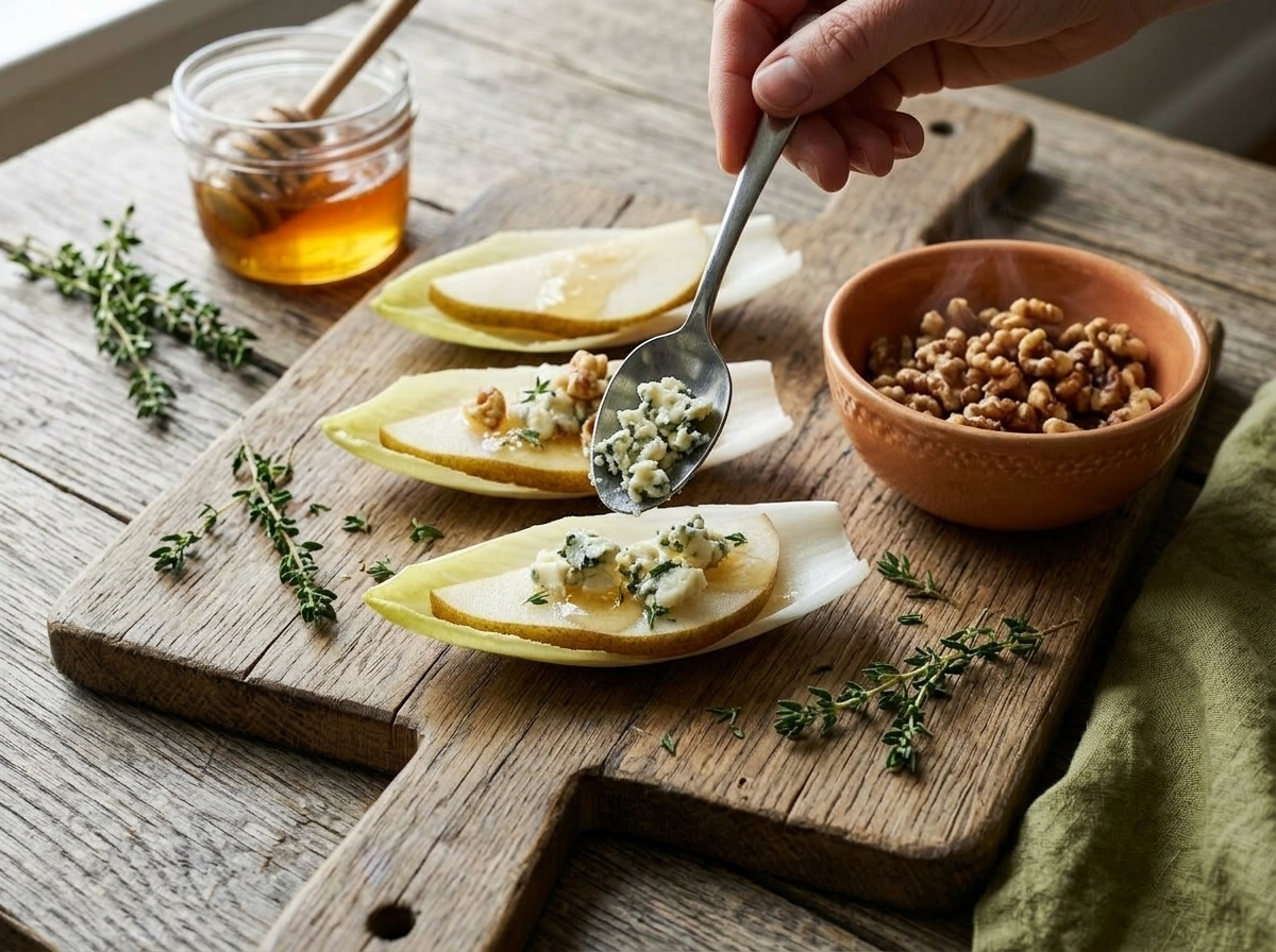 Crumbling blue cheese onto sliced pear in endive leaves during assembly of walnut bites on a wooden board