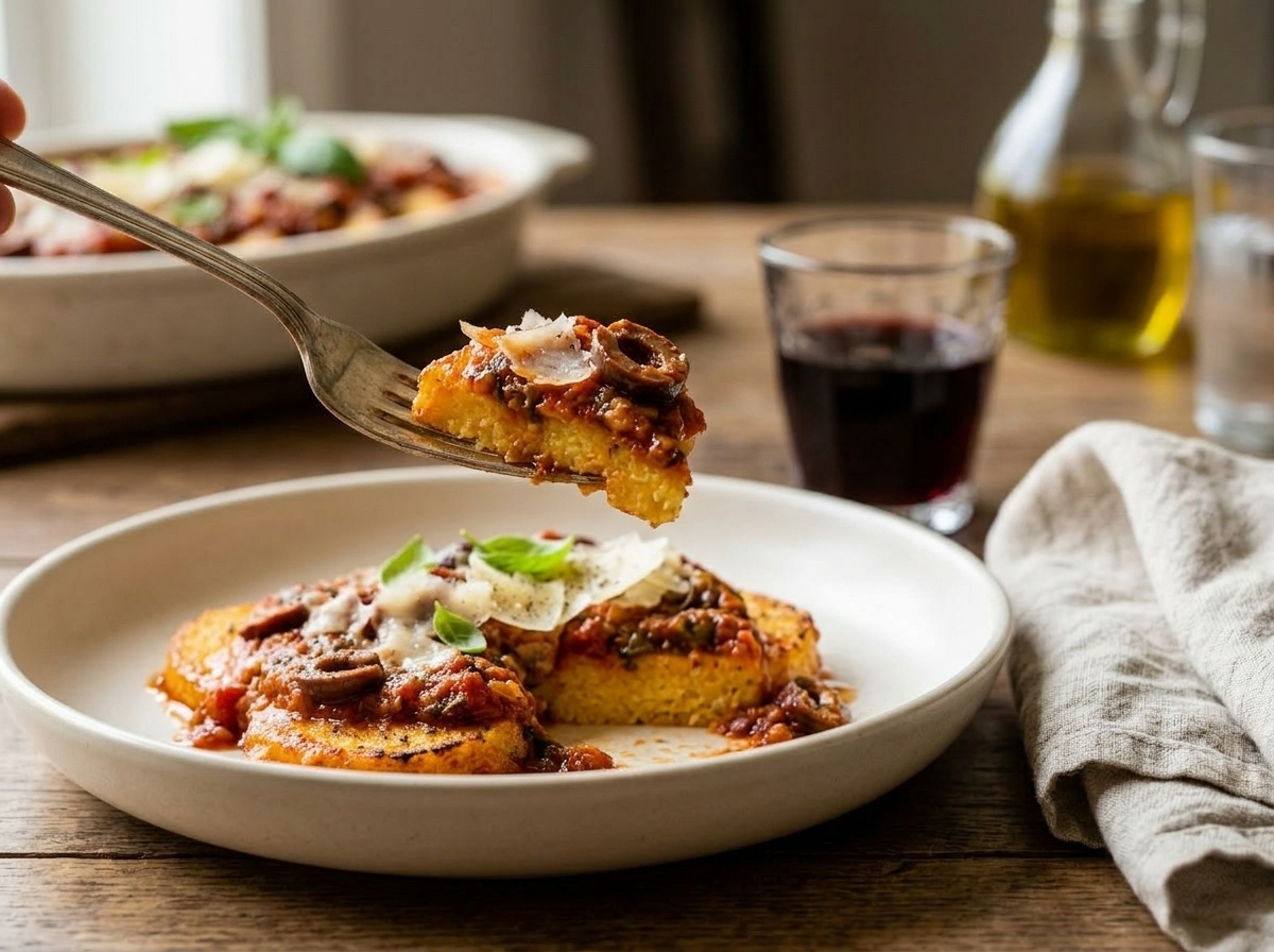 Single serving of tomato olive baked polenta on a white plate with basil garnish and a glass of red wine