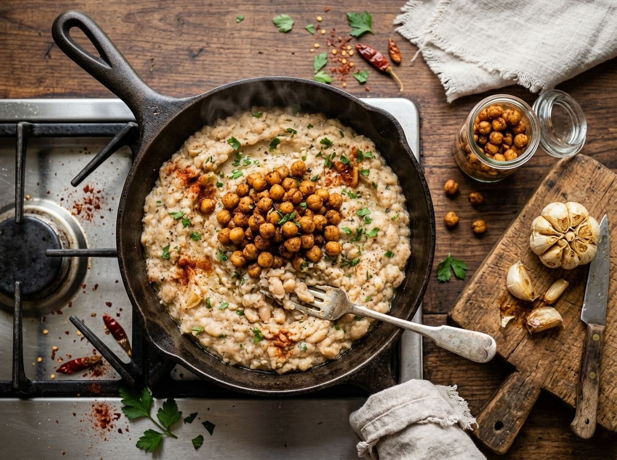 Cast iron skillet with cannellini beans being fork-mashed in smoked paprika olive oil with roasted garlic cloves