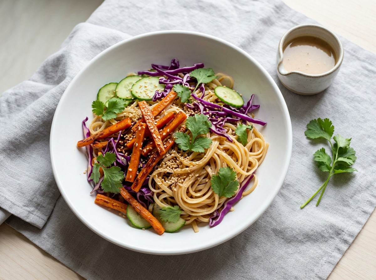 Miso carrot noodle salad in a white bowl with caramelized carrots, purple cabbage, and sesame seeds