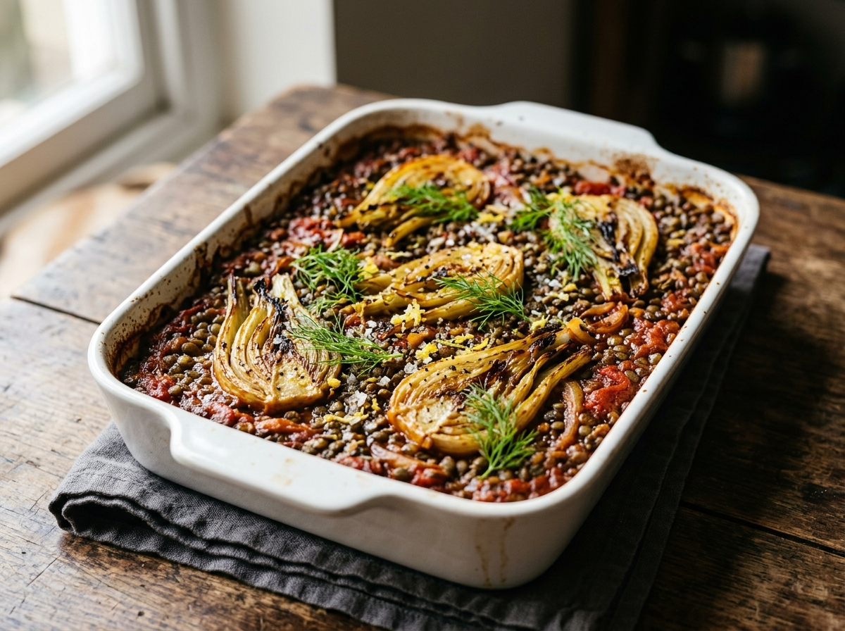 Caramelized fennel lentil bake in a white ceramic dish with golden fennel wedges and fennel frond garnish