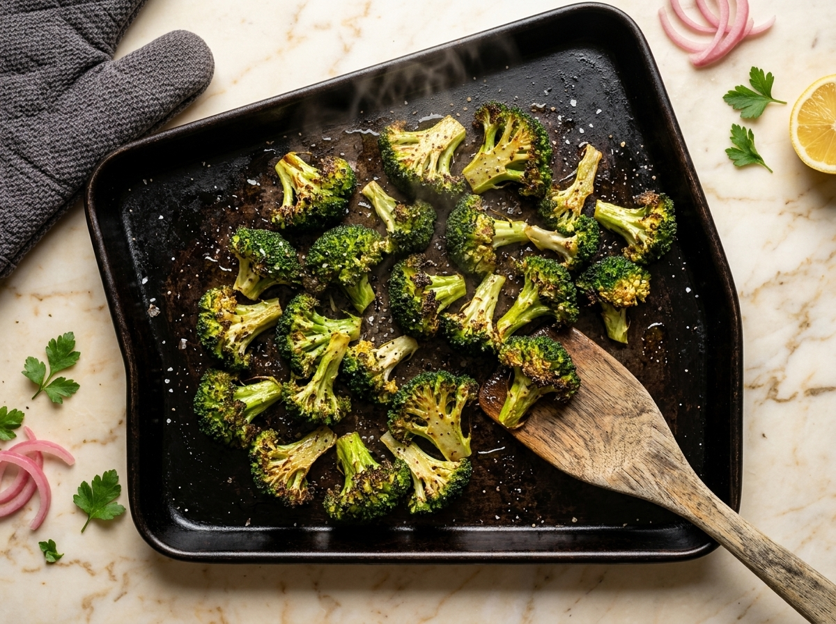 Sheet pan of roasted broccoli florets with charred edges mid-roast on a marble surface