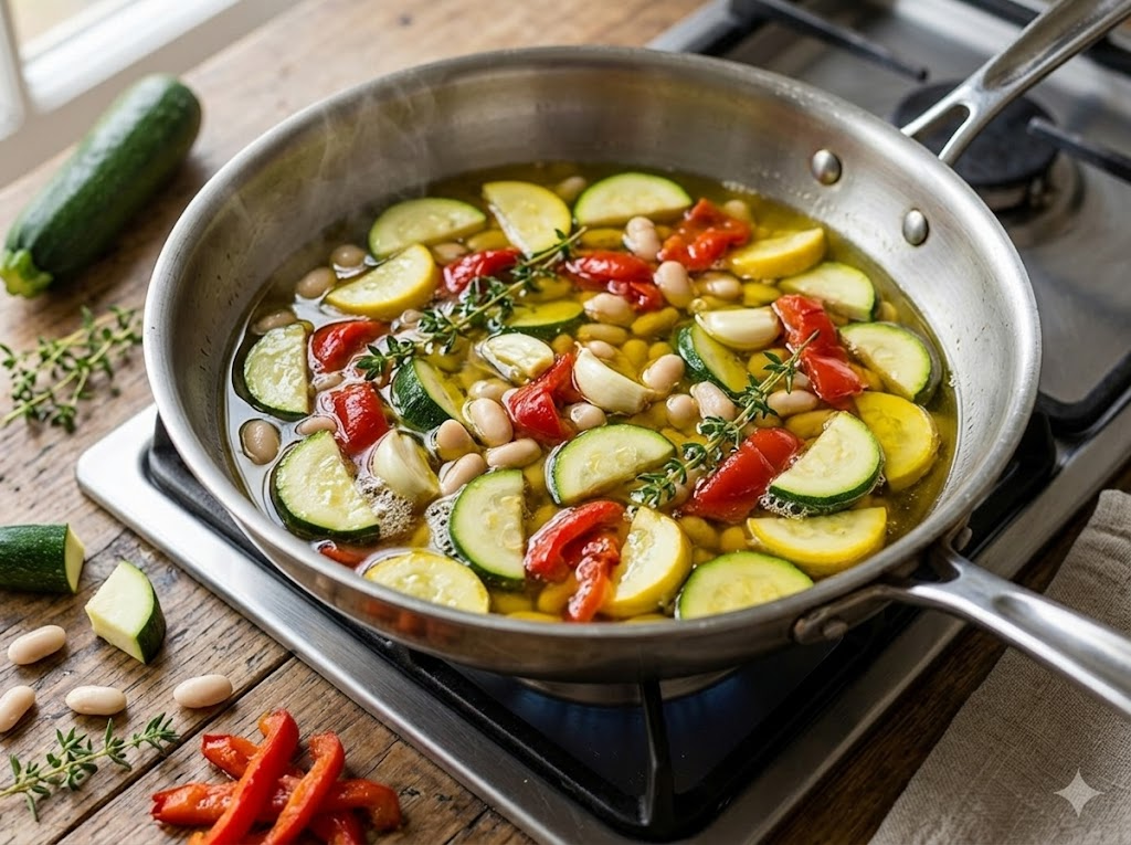 Zucchini and cherry tomatoes poaching in herb-infused golden olive oil in a wide skillet