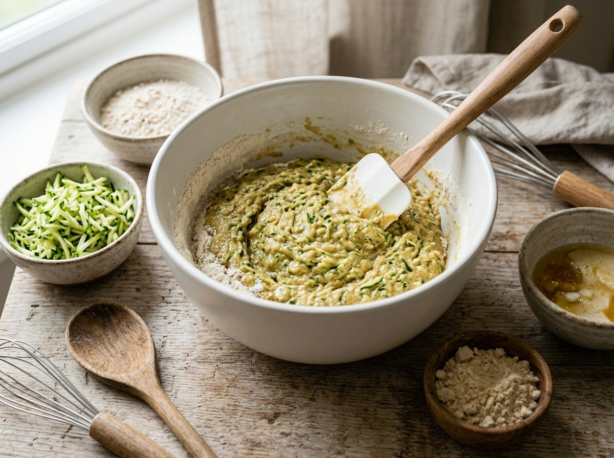 Rubber spatula folding thick zucchini protein muffin batter with visible green zucchini shreds in white mixing bowl