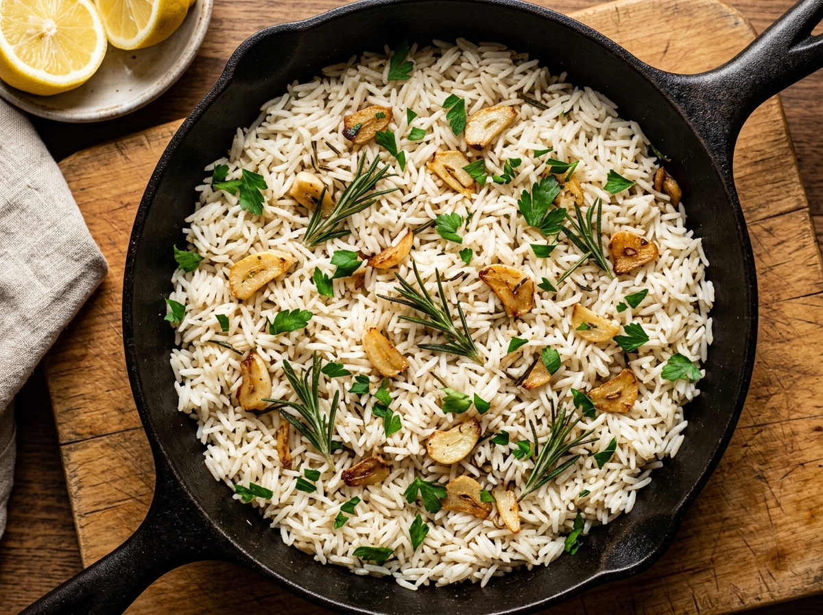 Garlic rosemary rice skillet in cast iron pan with golden garlic slices, fresh rosemary, and parsley on a wooden board