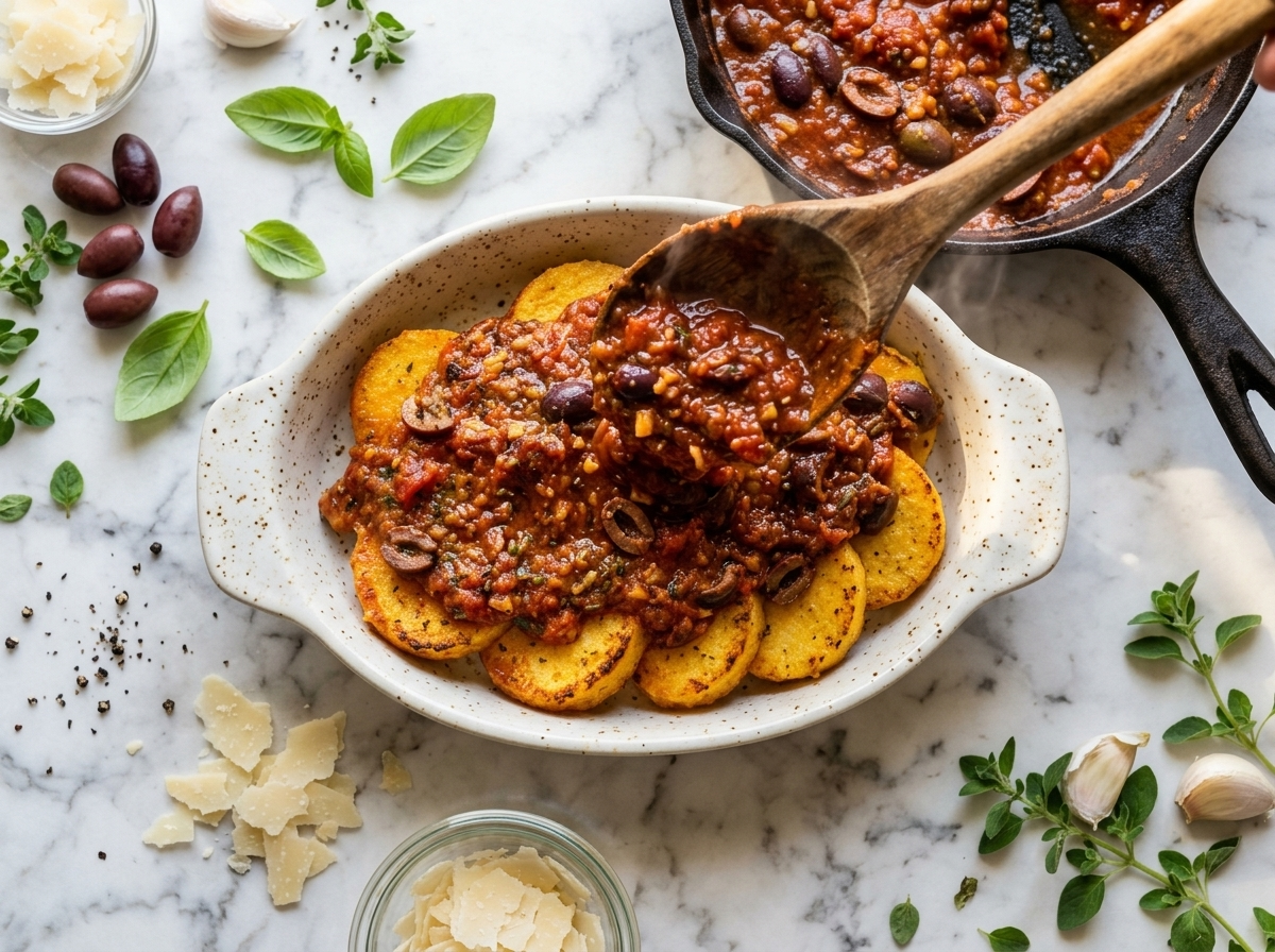Spooning tomato and kalamata olive sauce over set polenta slices in a white baking dish before oven