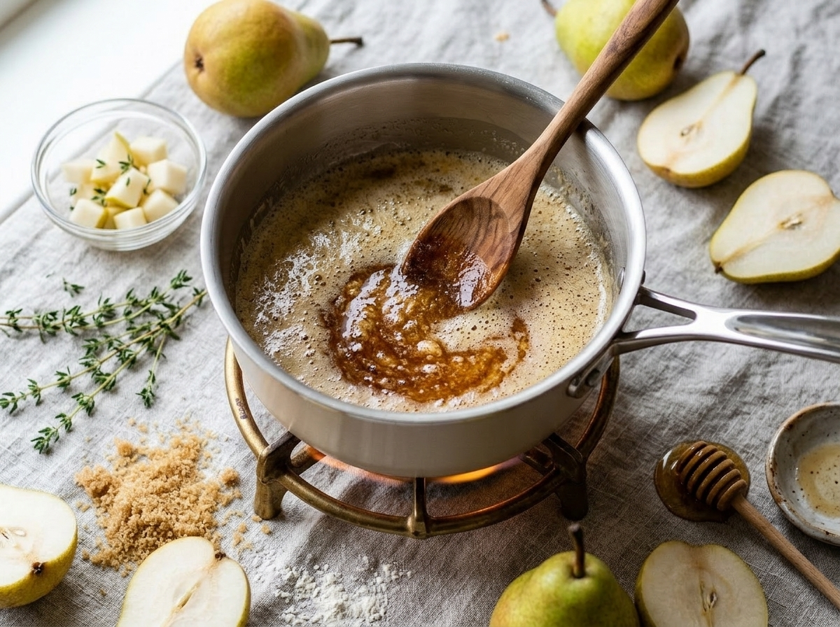 Butter browning in a saucepan with amber milk solids visible at the bottom, mid-stir with a wooden spoon