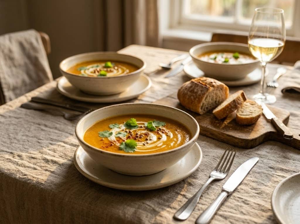 Two bowls of roasted carrot bisque with coriander garnish alongside sliced sourdough bread and a glass of white wine