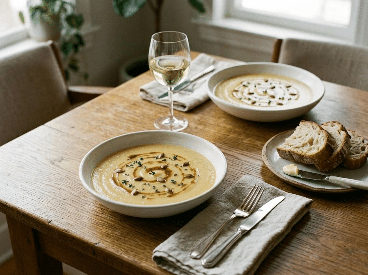 Two bowls of parsnip pear velouté on a wooden table with sourdough and white wine alongside