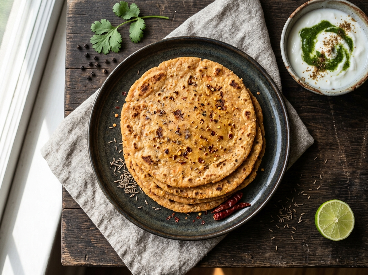 Four warm spiced lentil flatbreads stacked on a dark wooden board with cumin seeds and a bowl of green chutney
