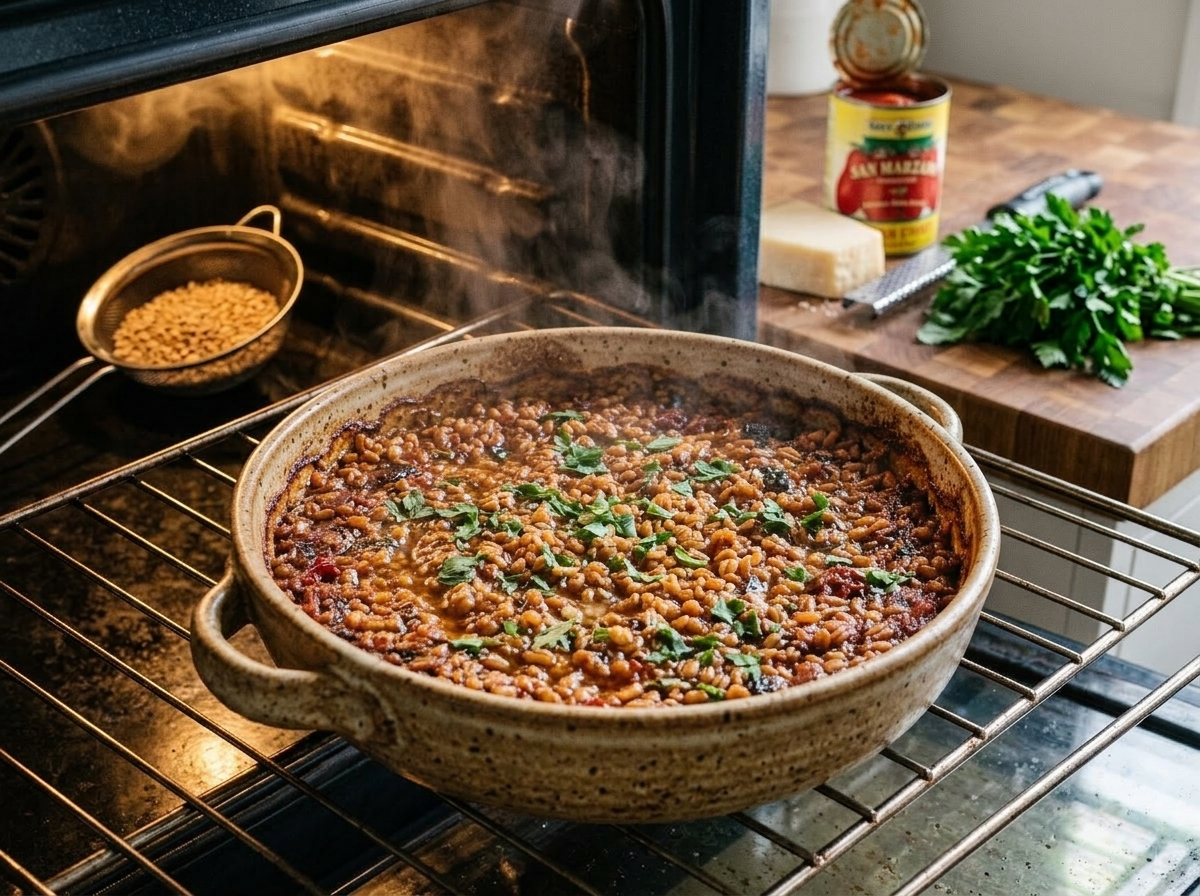 Pearl barley and crushed tomatoes bubbling in an uncovered baking dish during the final stage of oven baking