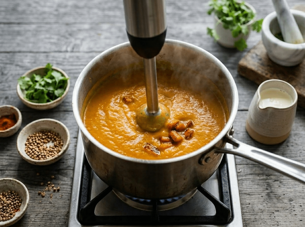 Immersion blender blending caramelized roasted carrots and coriander into a smooth orange bisque in a saucepan