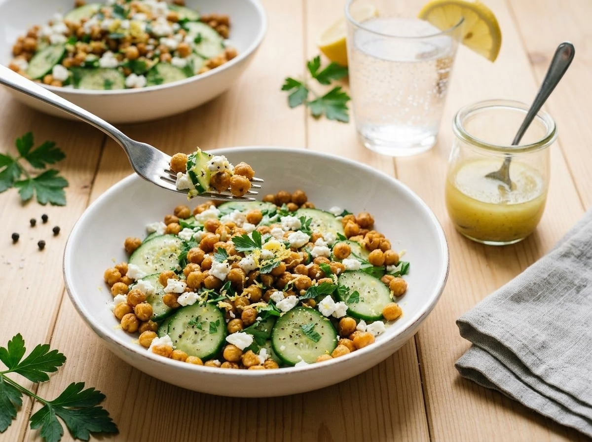 Two lemony chickpea cucumber bowls on a wooden table with lemon dressing jar and linen napkin