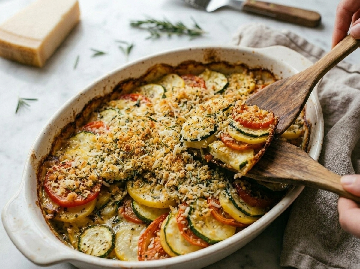 Hands pressing herb and Parmesan breadcrumb crust onto layered zucchini and tomato slices before baking