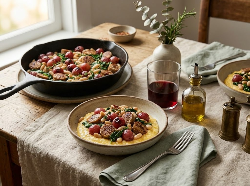Bowl of roasted grape and sausage skillet served over creamy polenta with a glass of red wine alongside