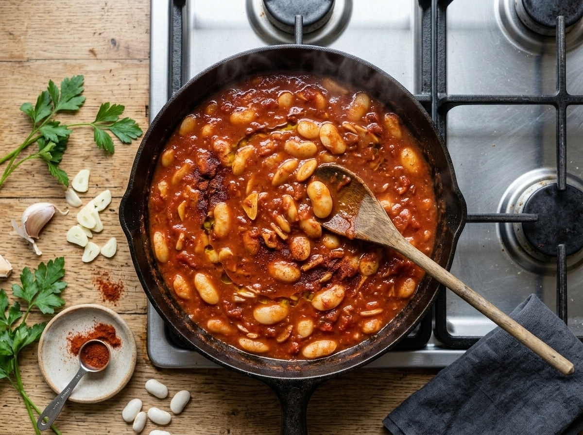 Butter beans simmering in smoked paprika tomato sauce in a cast iron skillet, stirred with a wooden spoon