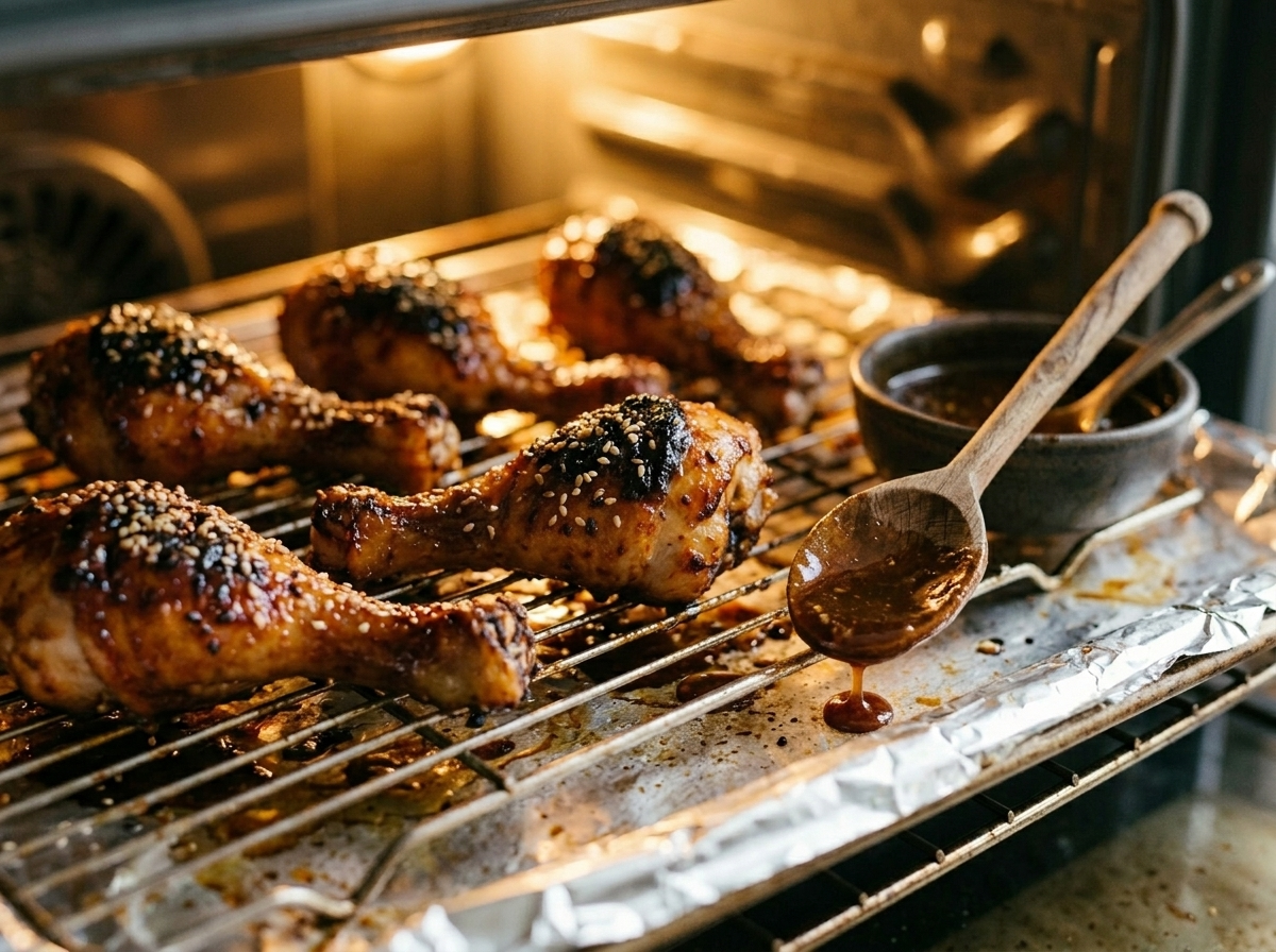 Honey miso glazed drumsticks on a wire rack in the oven, skin bronzed and lacquered with a pastry brush nearby