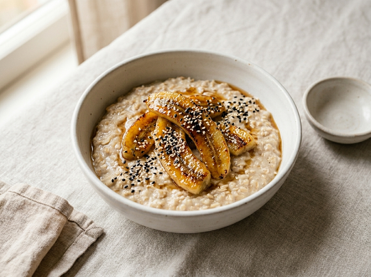 White bowl of toasted sesame banana porridge with caramelized banana slices and scattered sesame seeds on linen