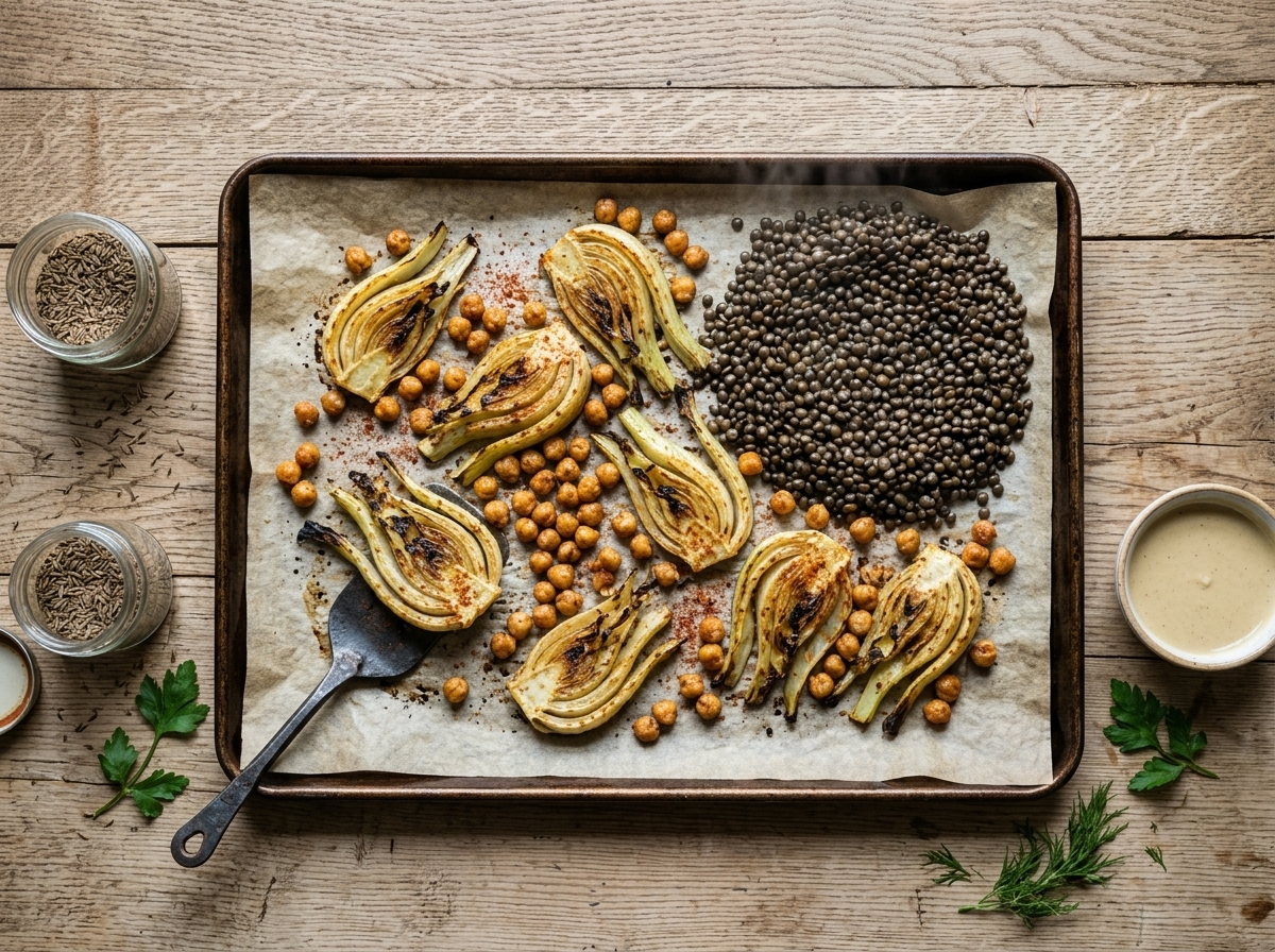 Sheet pan of caramelized fennel wedges and golden crispy chickpeas dusted with smoked paprika, fresh from the oven