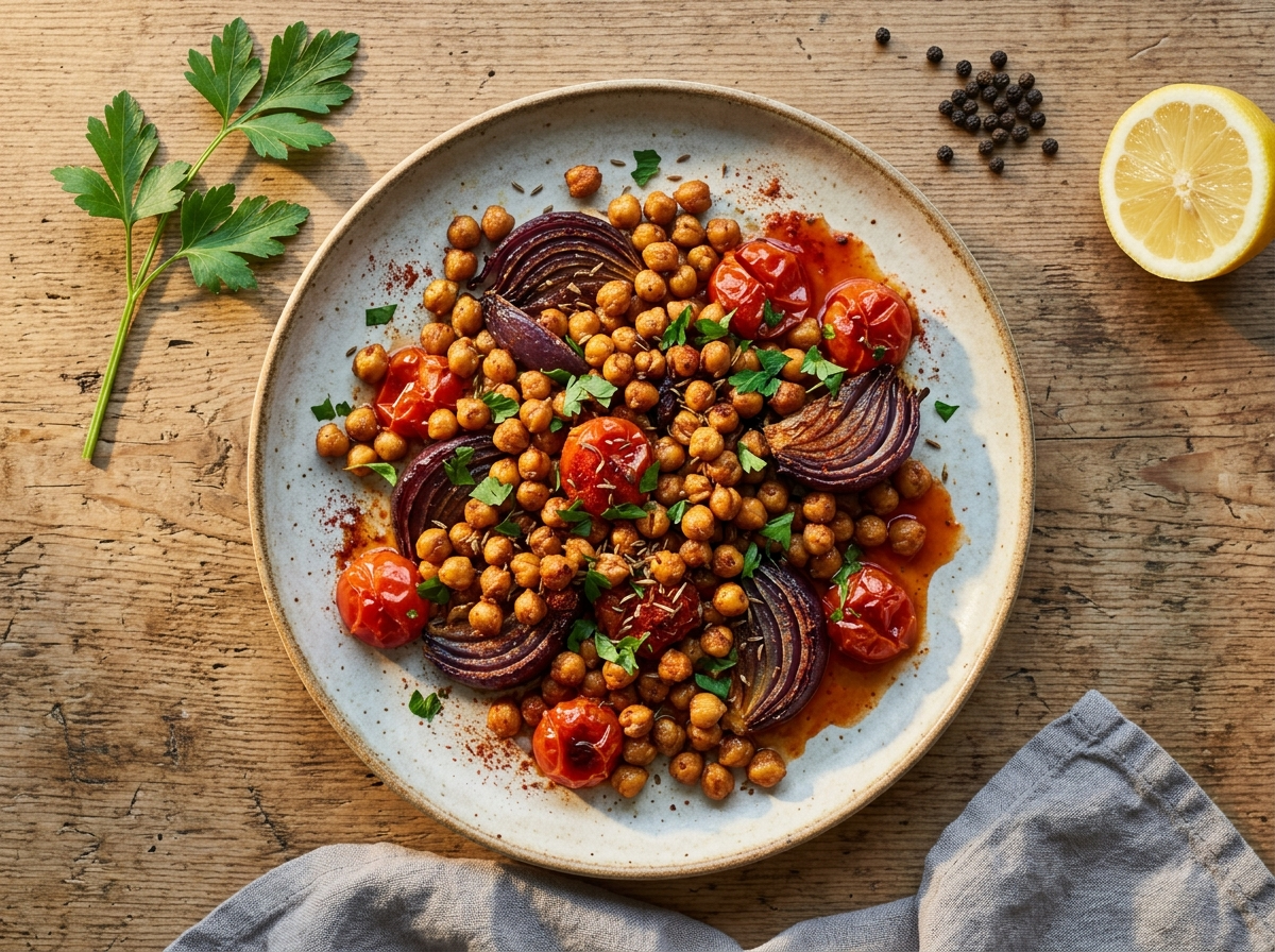 Roasted onion chickpea traybake with burst cherry tomatoes, smoked paprika, and fresh parsley in a ceramic dish