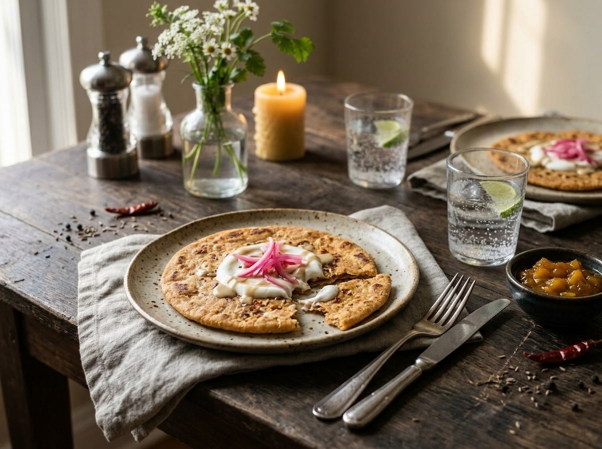 Spiced lentil flatbread on a ceramic plate topped with yogurt, pickled red onion, and a drizzle of tahini