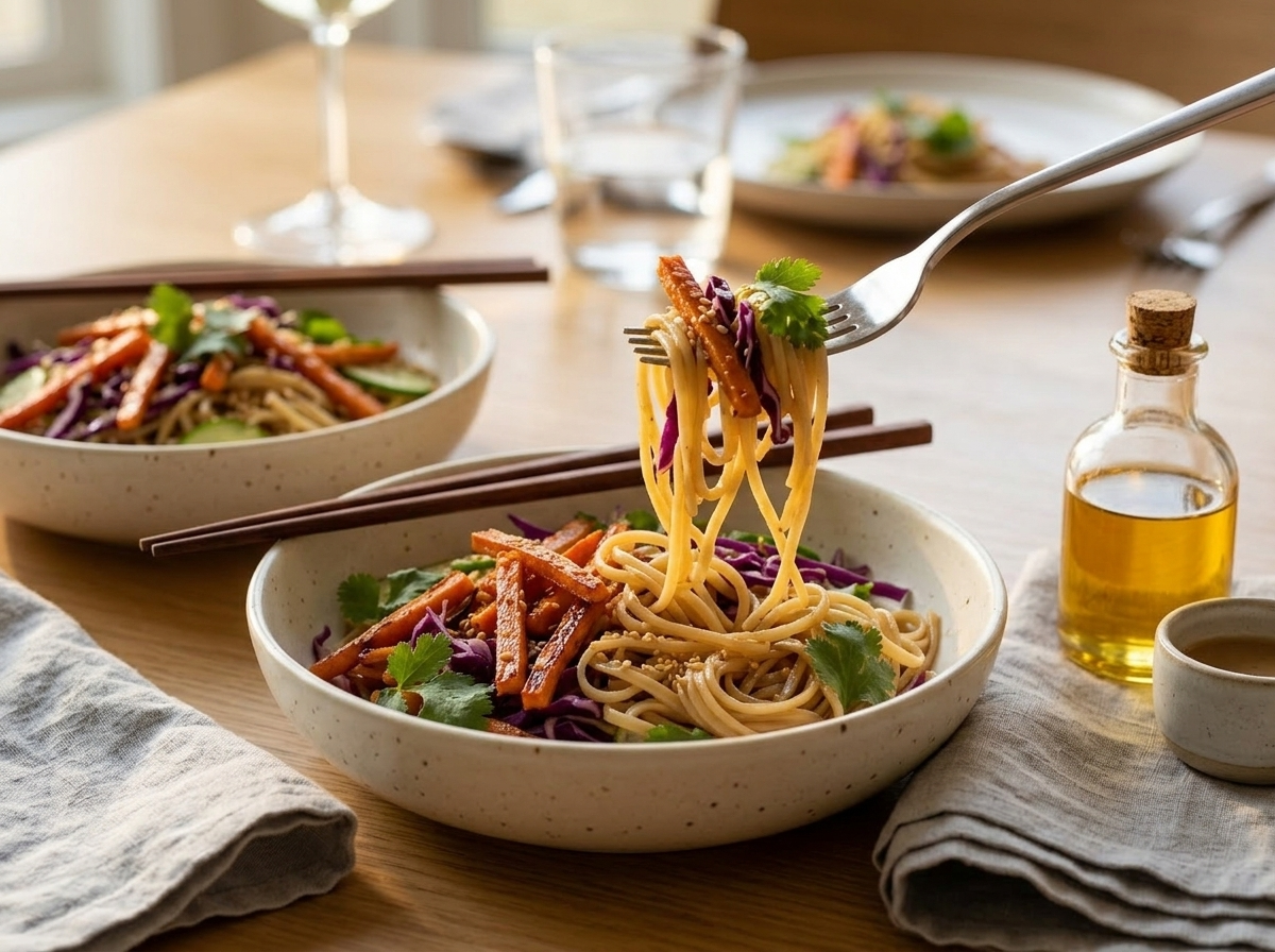 Two bowls of miso carrot noodle salad served with chopsticks and sesame oil on a wooden table