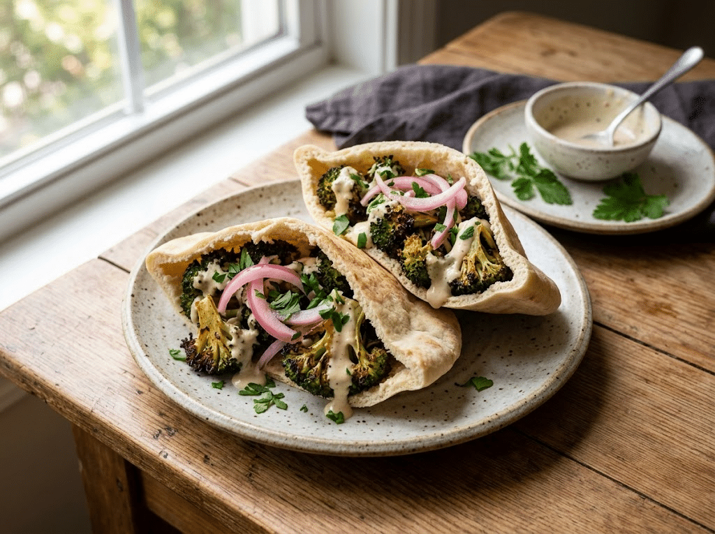 Assembled roasted broccoli tahini pita halves on a wooden board with pickled onion and parsley