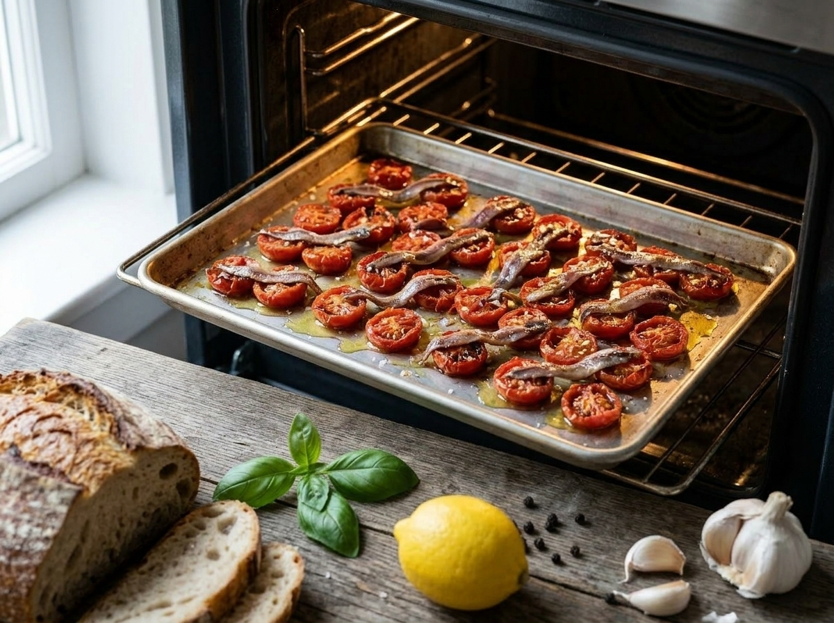 Cherry tomatoes and anchovy fillets roasting on a baking sheet with olive oil and caramelized edges in the oven