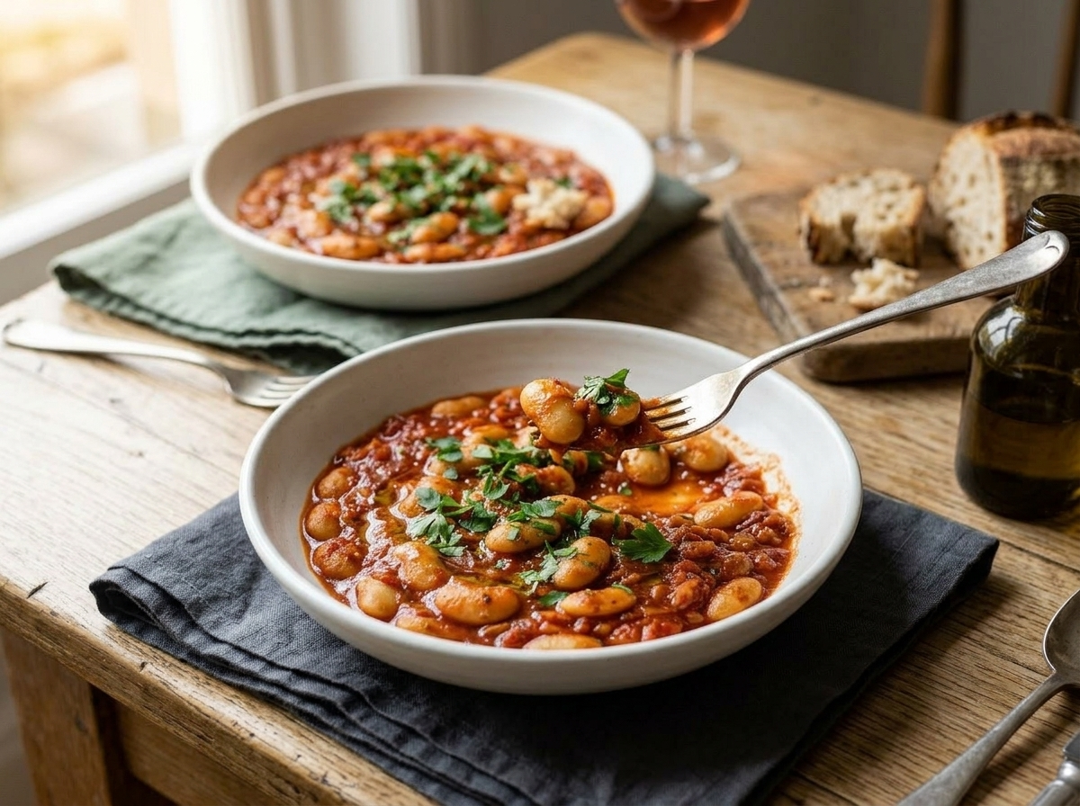 Two bowls of smoky paprika butter beans on a linen-covered table with olive oil, sourdough, and a glass of red wine