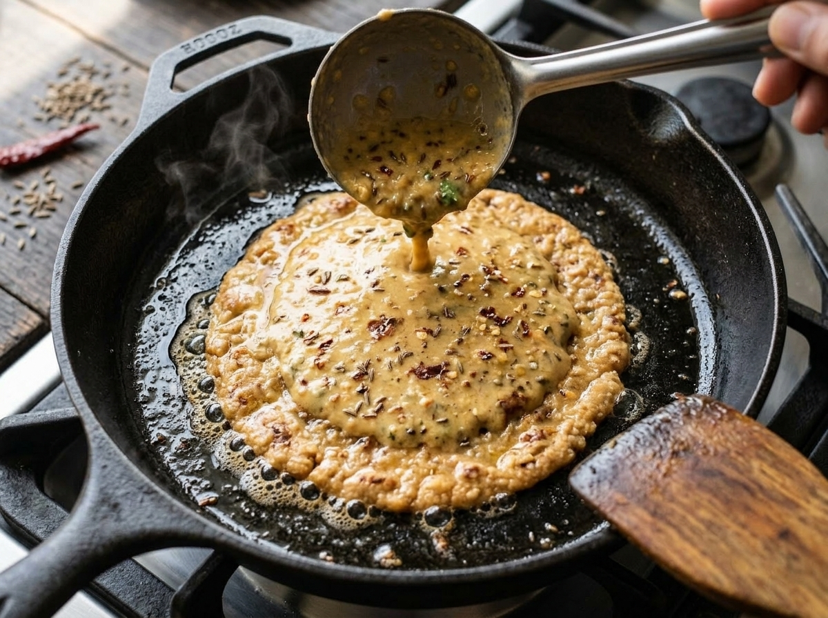 Red lentil batter being poured from a ladle into a hot cast iron skillet, edges crisping and steam rising