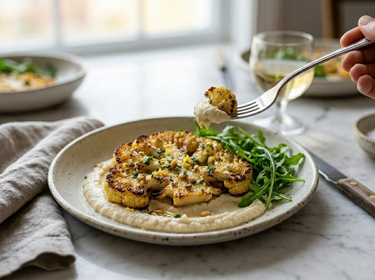 Lemon garlic cauliflower steak served over white bean puree with arugula and a glass of white wine on a wooden table