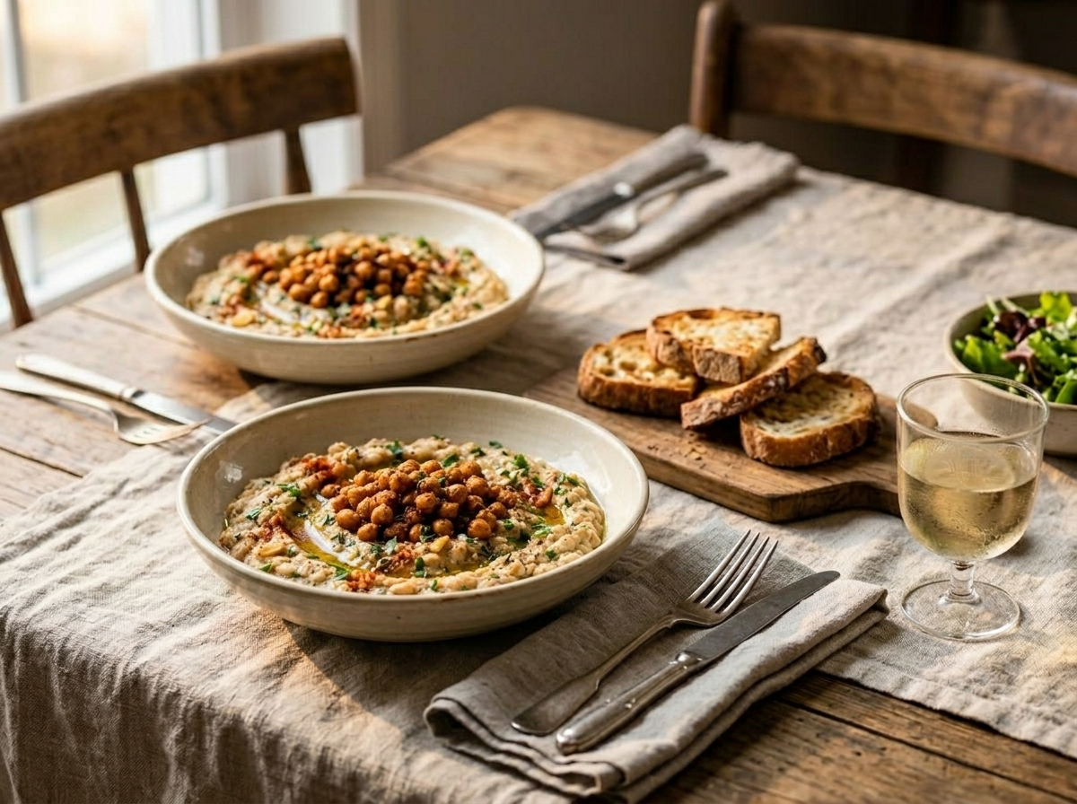 Two bowls of smoky white bean mash with crispy chickpeas alongside toasted sourdough slices and a glass of white wine