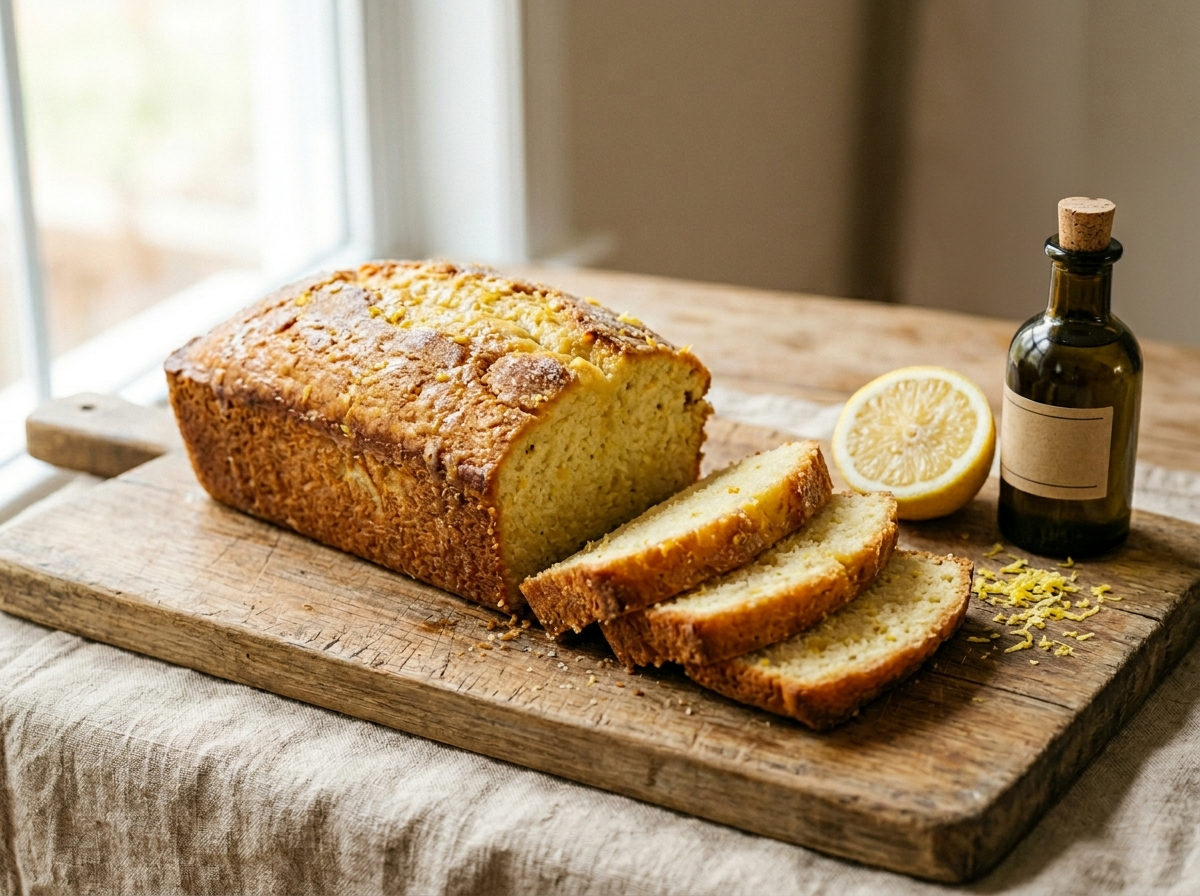 Sliced lemon olive oil breakfast loaf on a wooden board with a halved lemon and olive oil bottle alongside