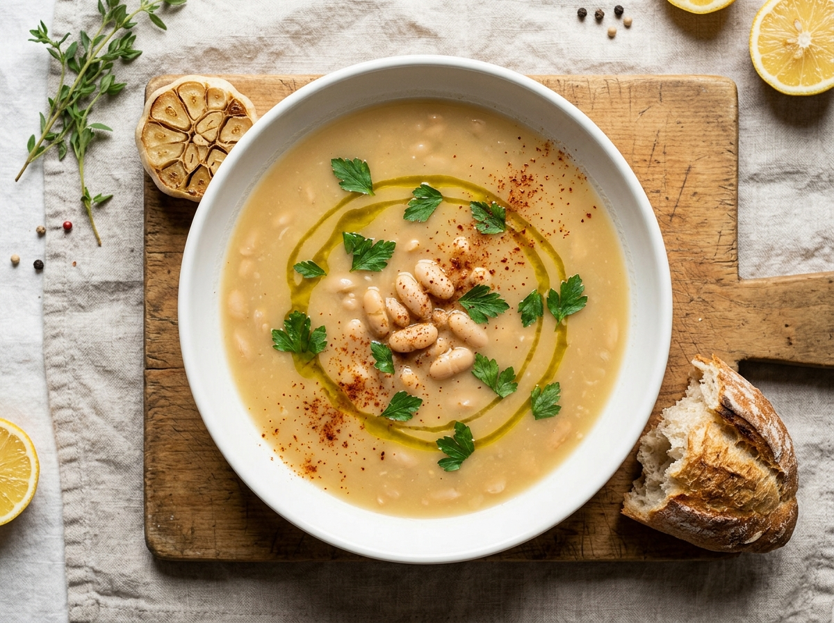 Overhead view of roasted garlic white bean broth in a white bowl with olive oil drizzle, parsley, and sourdough on a wooden board