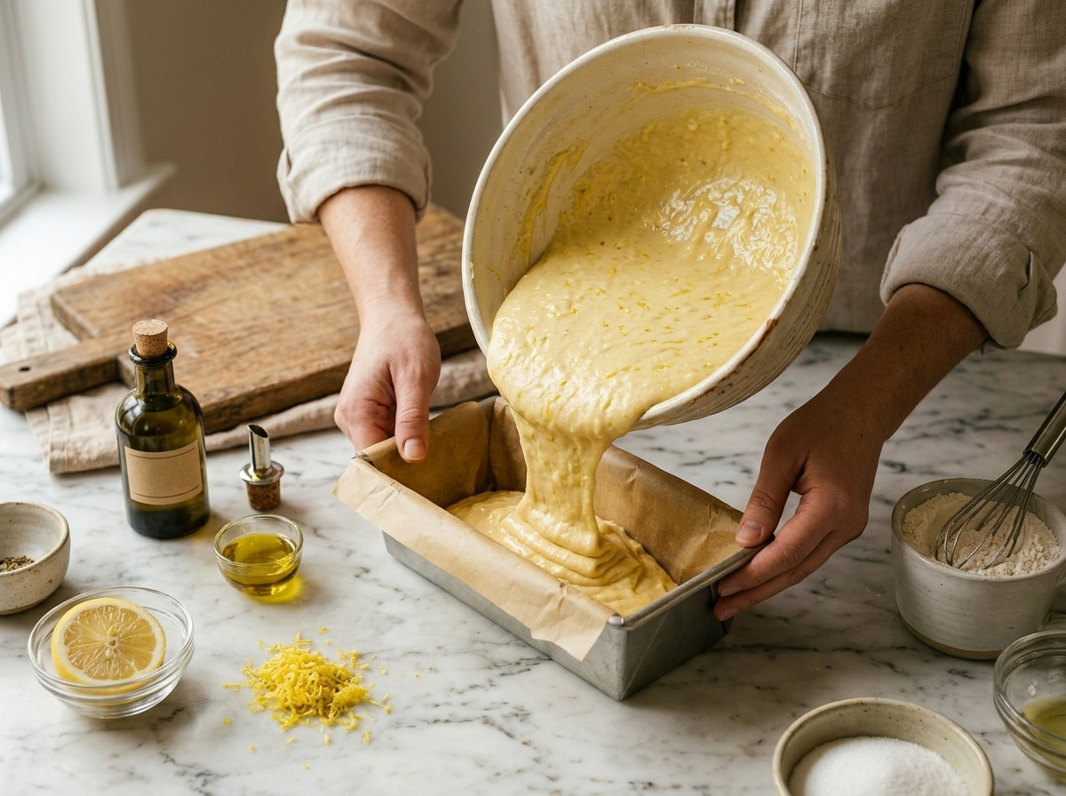 Pale yellow lemon olive oil loaf batter with visible zest being poured into a parchment-lined pan