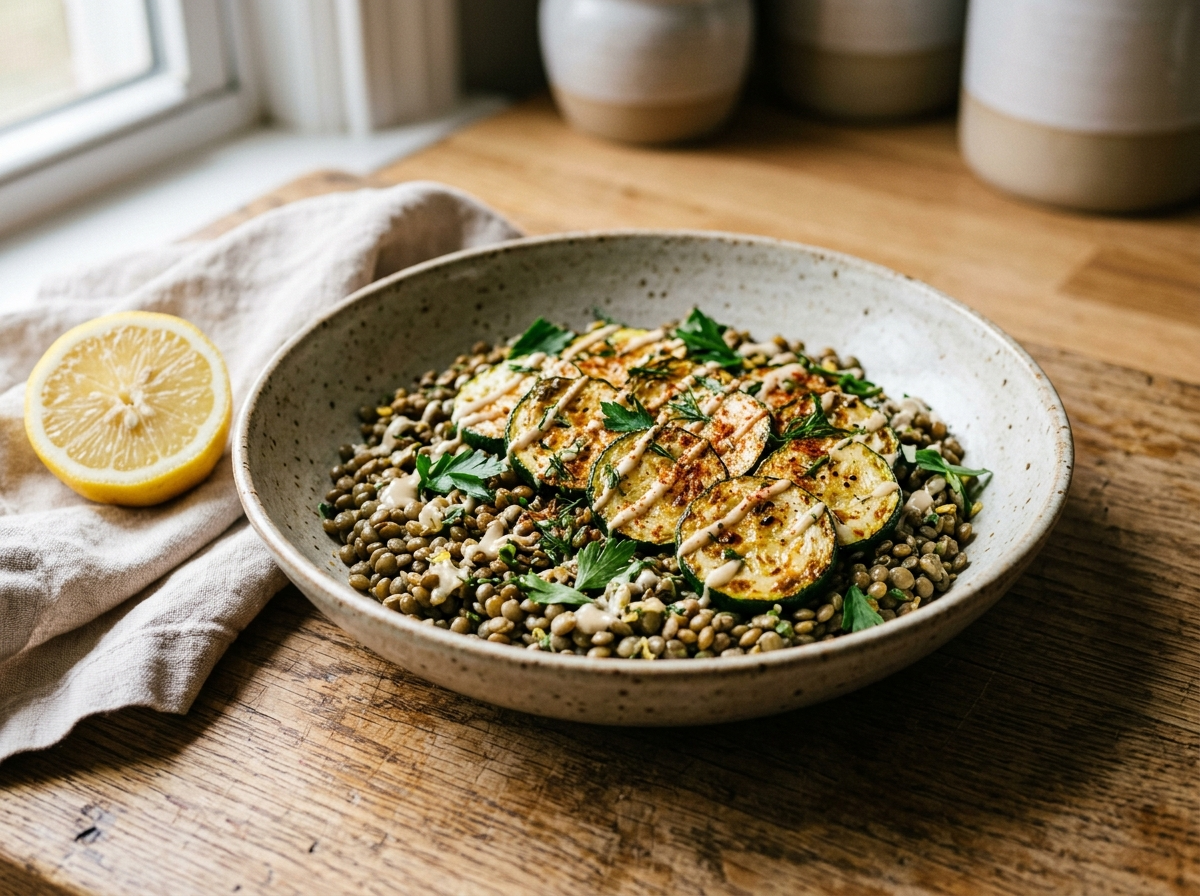 Lemon lentil zucchini bowl with seared zucchini rounds, tahini drizzle, and fresh parsley on a wooden board