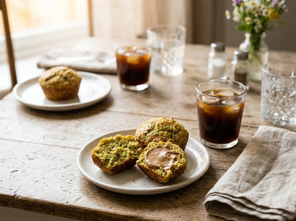 Two zucchini protein muffins on a plate, one spread with almond butter, served beside a glass of cold brew coffee