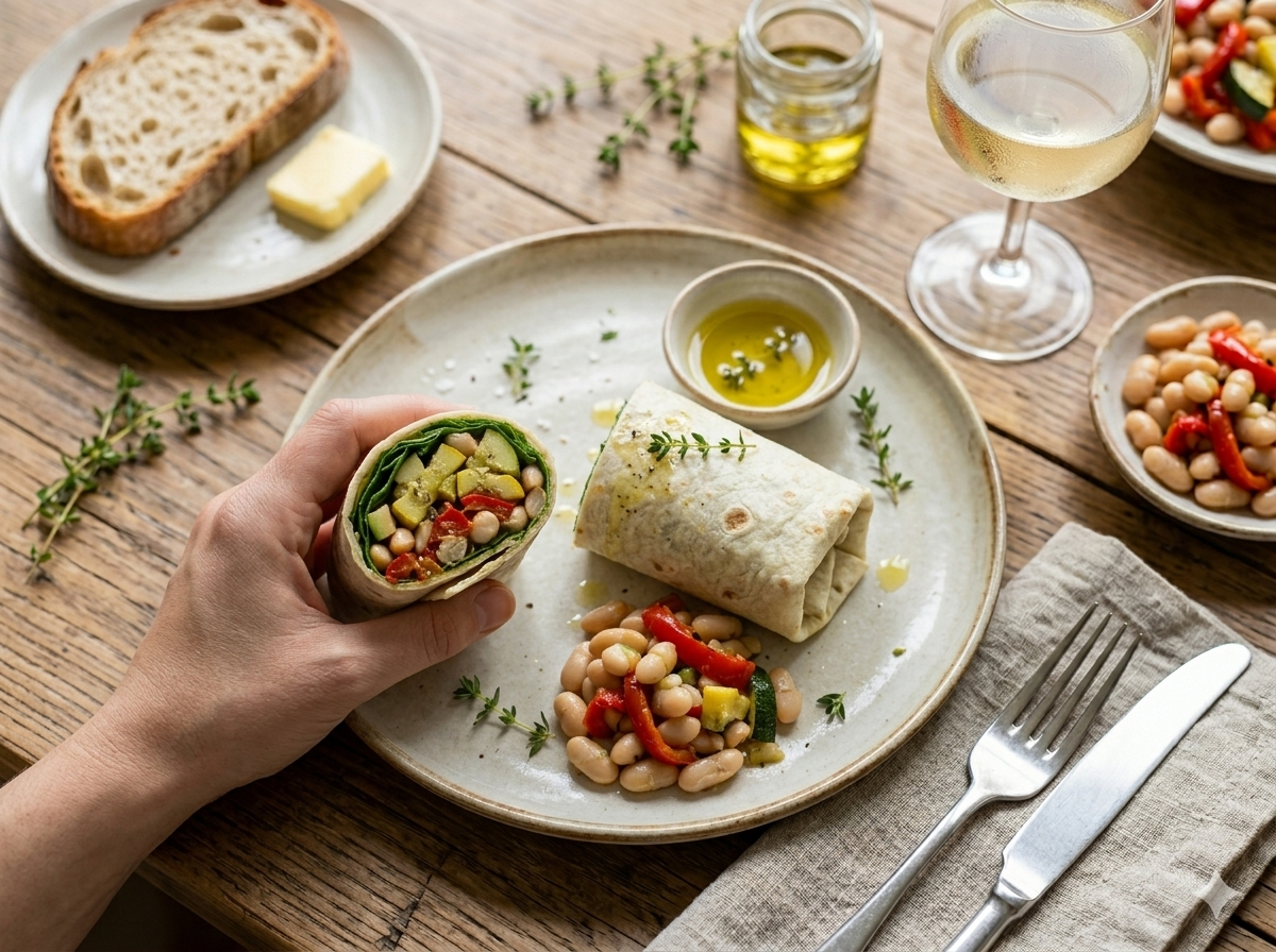 Hand holding a halved olive oil poached veggie wrap with colorful vegetable and bean filling visible