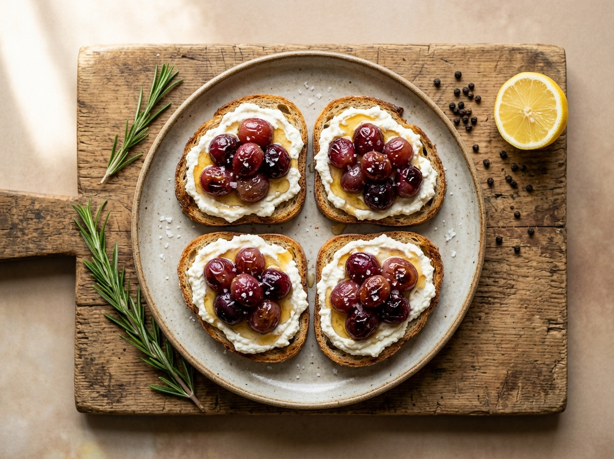 Sourdough toast topped with rosemary roasted red grapes, whipped ricotta, honey drizzle, and flaky salt on a wooden board