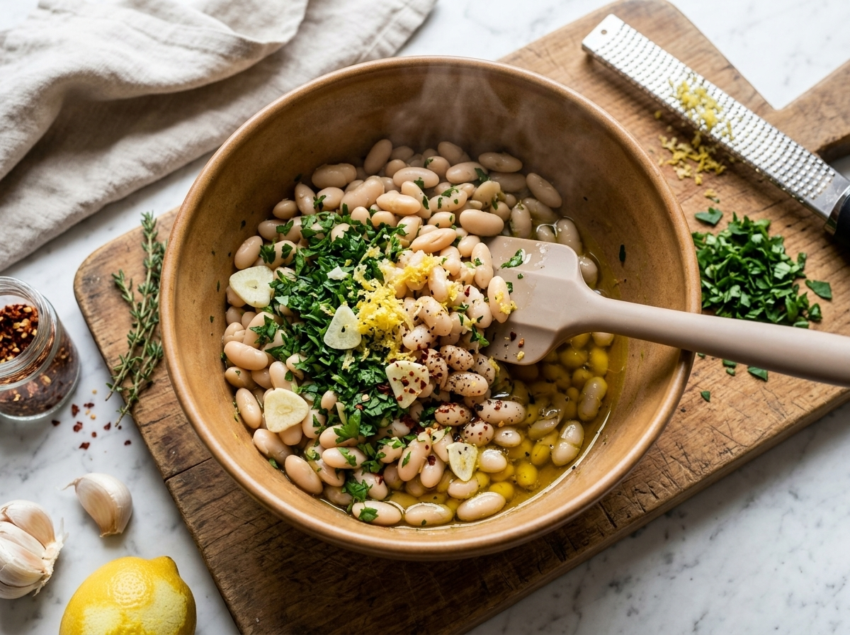 Cannellini beans being folded with parsley, lemon zest, and olive oil in a mixing bowl for white bean toast marinade