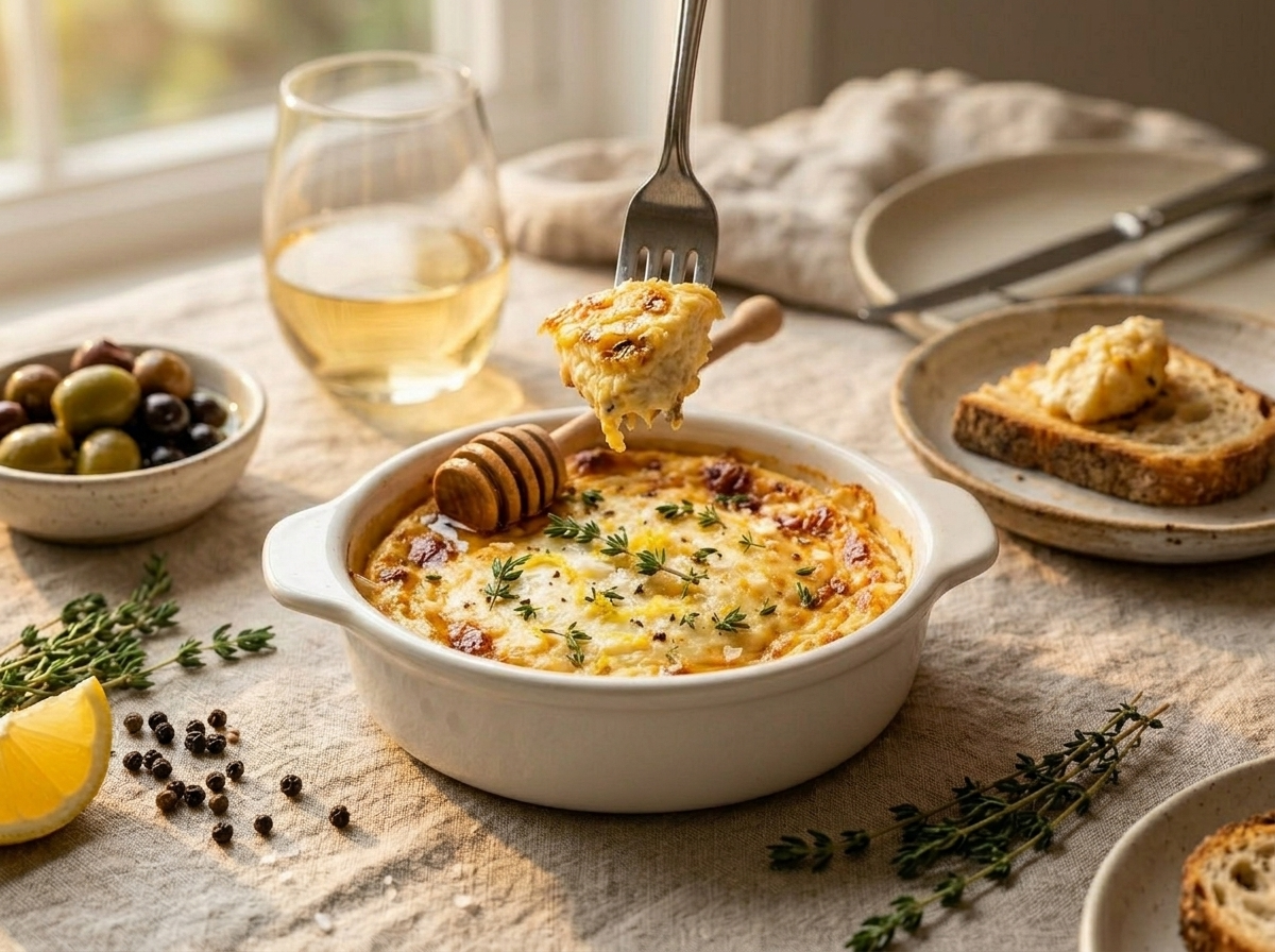 Warm honey thyme baked ricotta being spread on toasted sourdough at a dining table with white wine