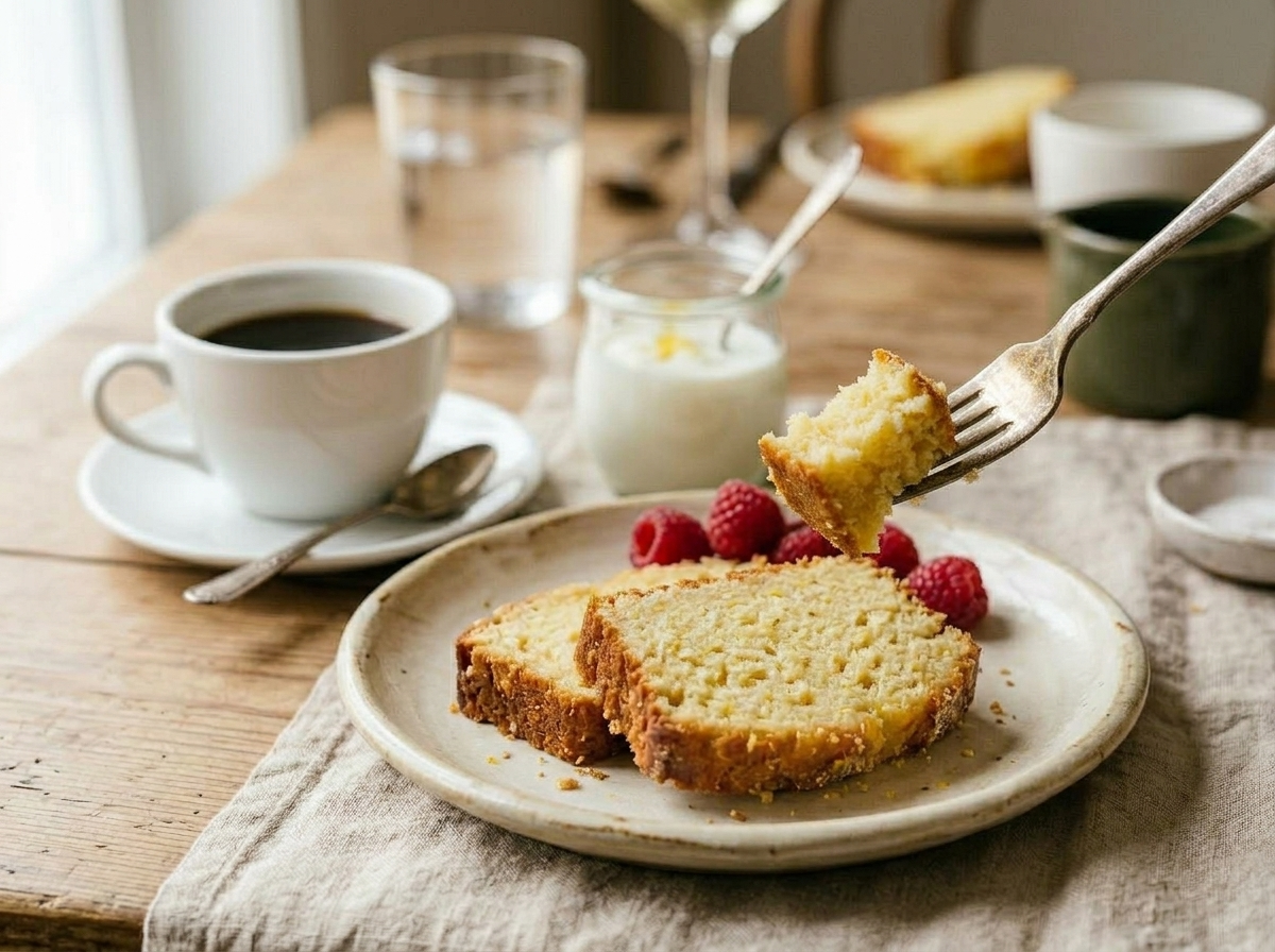Two slices of lemon olive oil loaf on a ceramic plate with Greek yogurt and raspberries and a cup of coffee