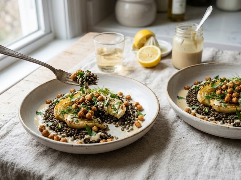 Two warm fennel lentil plates on a linen table with a glass of white wine and a jar of tahini alongside